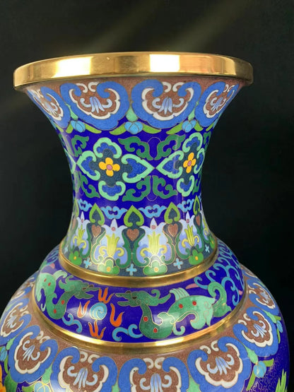 Macro view of the Cloisonné vase neck and 24K gold-plated rim, highlighting traditional geometric patterns and refined metallic craftsmanship.