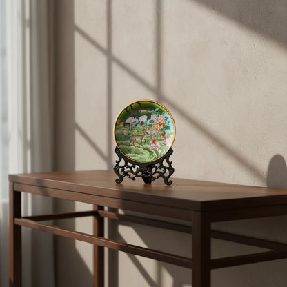 Handcrafted Cloisonné enamel decorative plate featuring intricate crane and deer landscape art, displayed on a dark wood stand in an elegant, minimalist sunlit home setting.