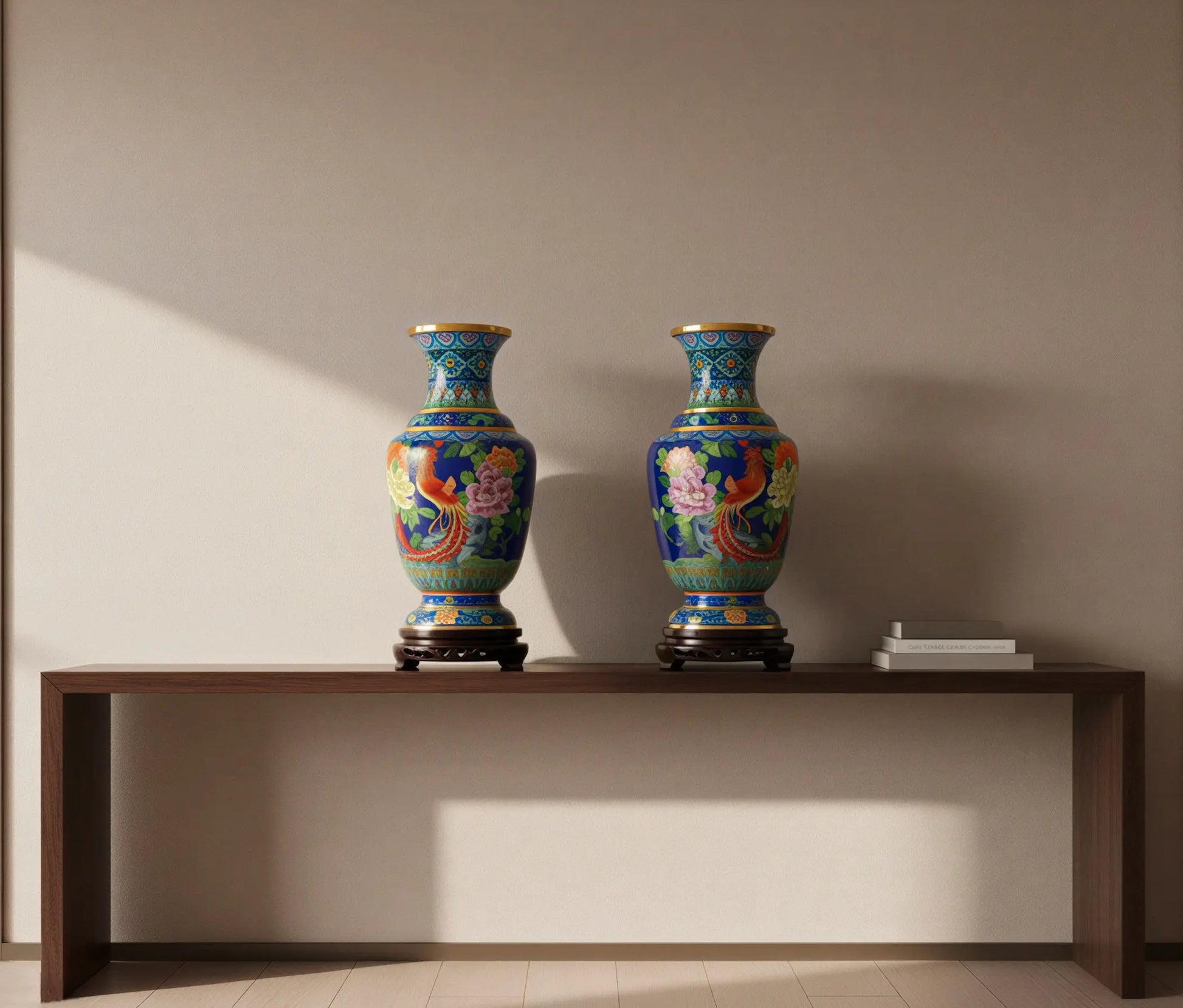 A pair of handcrafted Cloisonné enamel vases featuring intricate phoenix and peony patterns, displayed on a minimalist dark wood console table in an elegant, sunlit home setting.