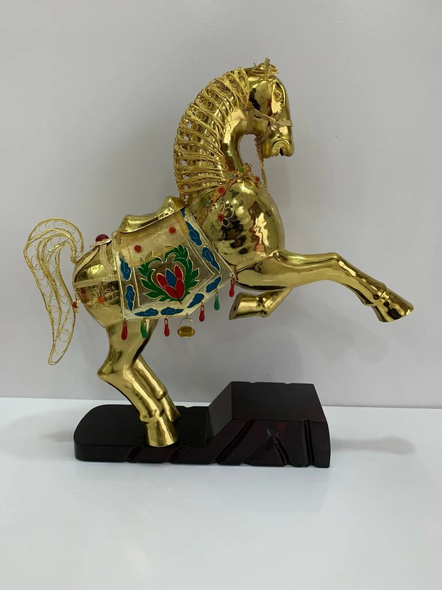Reverse side view of the triumphant gallop Cloisonné horse statue, highlighting the consistent craftsmanship and detailed enamel patterns on the copper body.