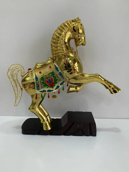Reverse side view of the triumphant gallop Cloisonné horse statue, highlighting the consistent craftsmanship and detailed enamel patterns on the copper body.